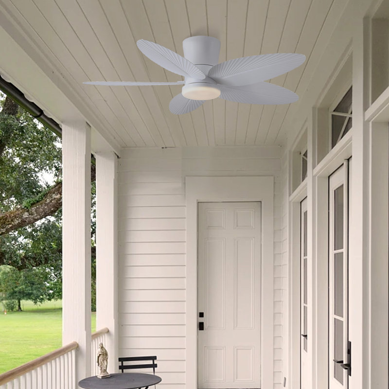 42" 5-blade Indoor Tropical Flush Mount Ceiling Fan With Light And Remote/app Control, White
