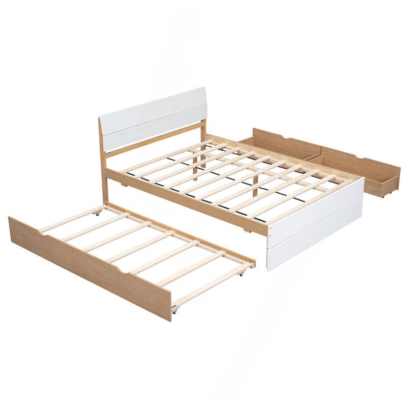 Cadre de lit double moderne avec lit gigogne simple et 2 tiroirs blanc brillant avec couleur chêne clair, Blanc / Chêne