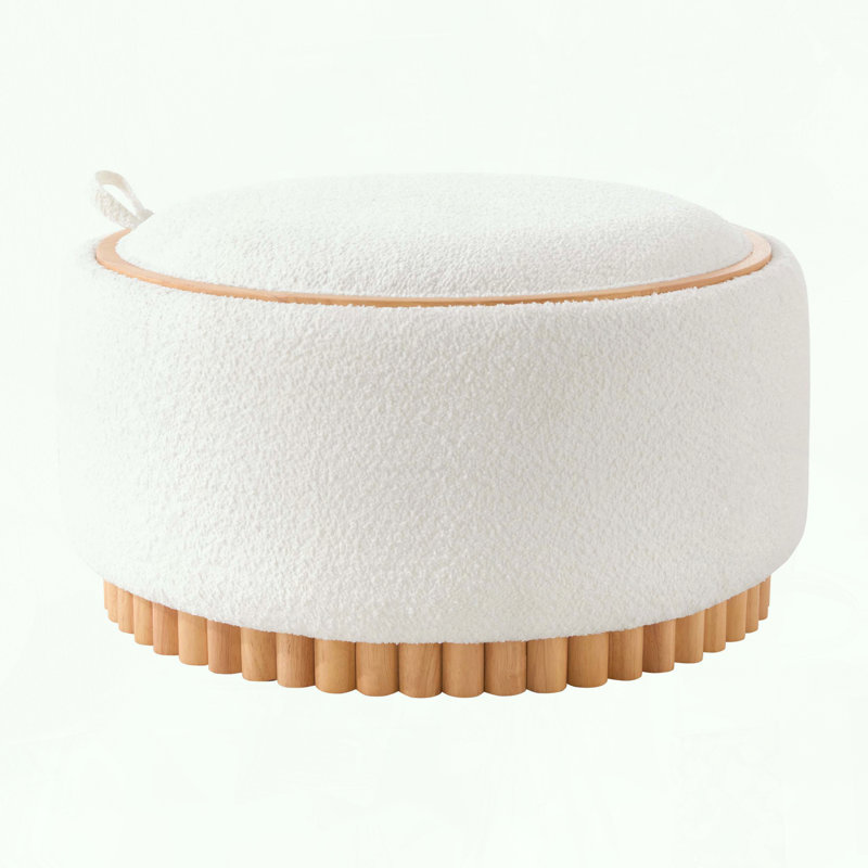 Repose-pieds rond avec couvercle réversible et base en bois massif, Beige