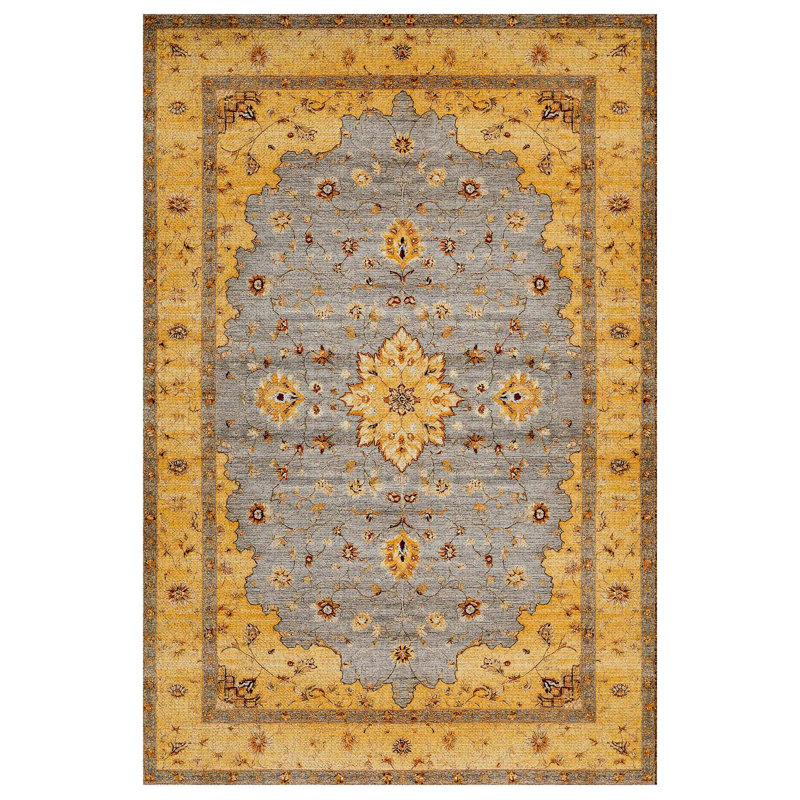 Girvin Yellow Gray Oriental Machine Printed Cotton Polyester Area Rug, Rectangle 6'7" x 11'6"