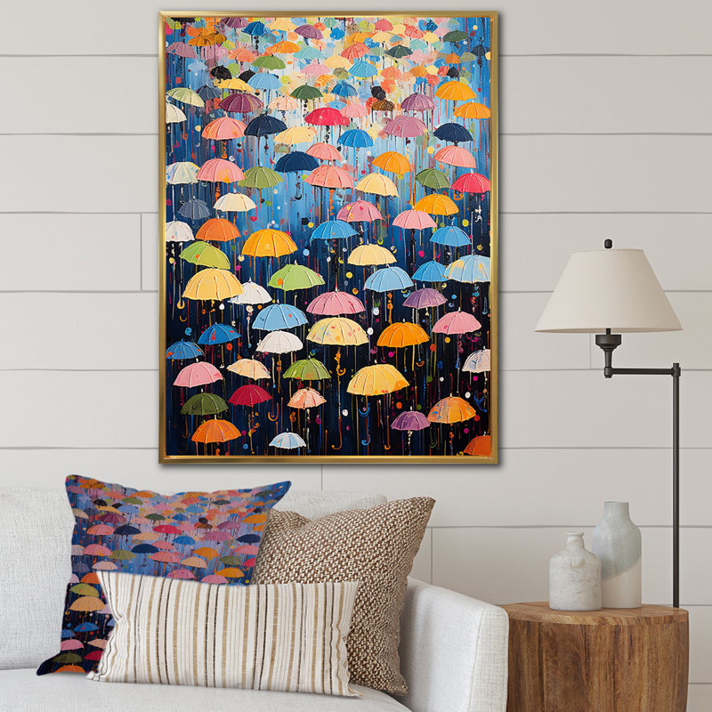 «Rainbow Umbrellas Collage IV», reproduction sur toile, Cadre flottant doré, 32" H x 24" W