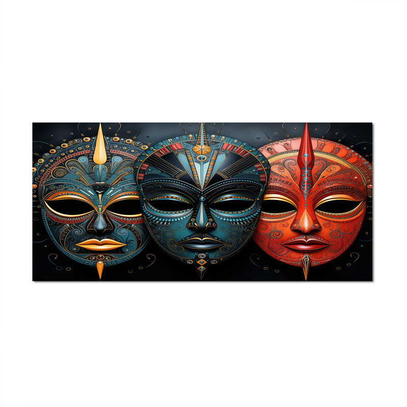 Red African Masks III - Masque africain, art mural, H 24 po x l 32 po, Toile tendue, Toile tendue