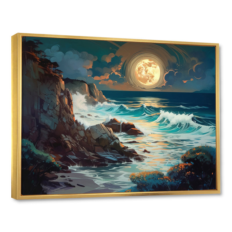 Impression sur toile Golden Blue Majestic Waves I, H 12 po x l 20 po x P 1 po, Cadre flottant doré