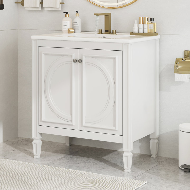 Meuble-lavabo de style rétro avec lavabo, Blanc, Argent argent