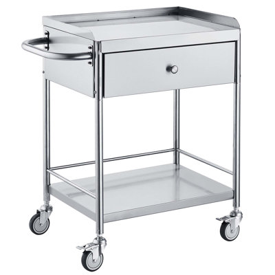 Chariot utilitaire médical en acier inoxydable avec rangement à deux niveaux, tiroir intégré, capacité de 220 lb et roulettes verrouillables silencieuses à 360 ° pour le laboratoire, la clinique, la cuisine ou le salon.