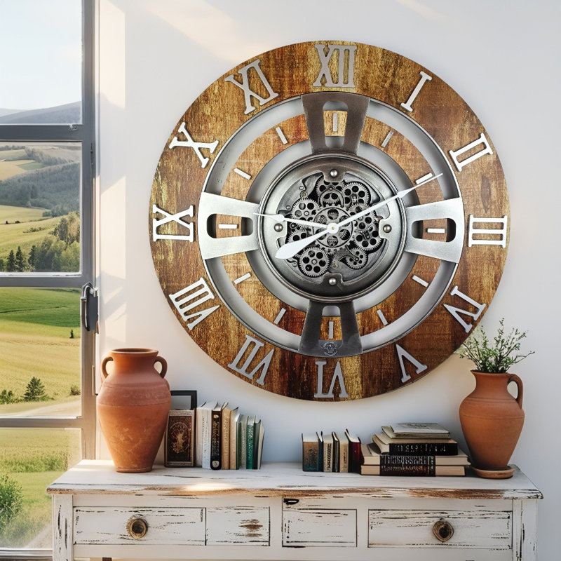 Solid Wood Wall Clock, Vintage Brown, Large 61cm