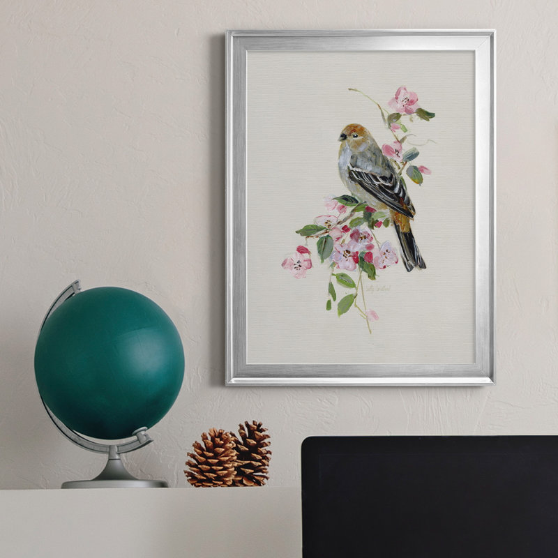 «Spring Song Goldfinch», peinture sur toile encadrée, H 22,5 po x l 30,5 po x P 1,5 po, Argent