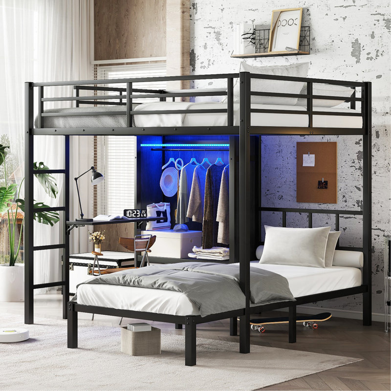 Lit superposé double au-dessus d'un lit simple en métal avec bureau pliant, garde-robe avec DEL, économie d'espace / réduction du bruit, noir