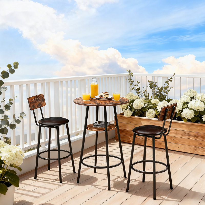3 Pieces Round Bar Table And Chairs Set, Small Dining Table With 2-Tier Storage Shelf And 2 Upholstered Bar Stools