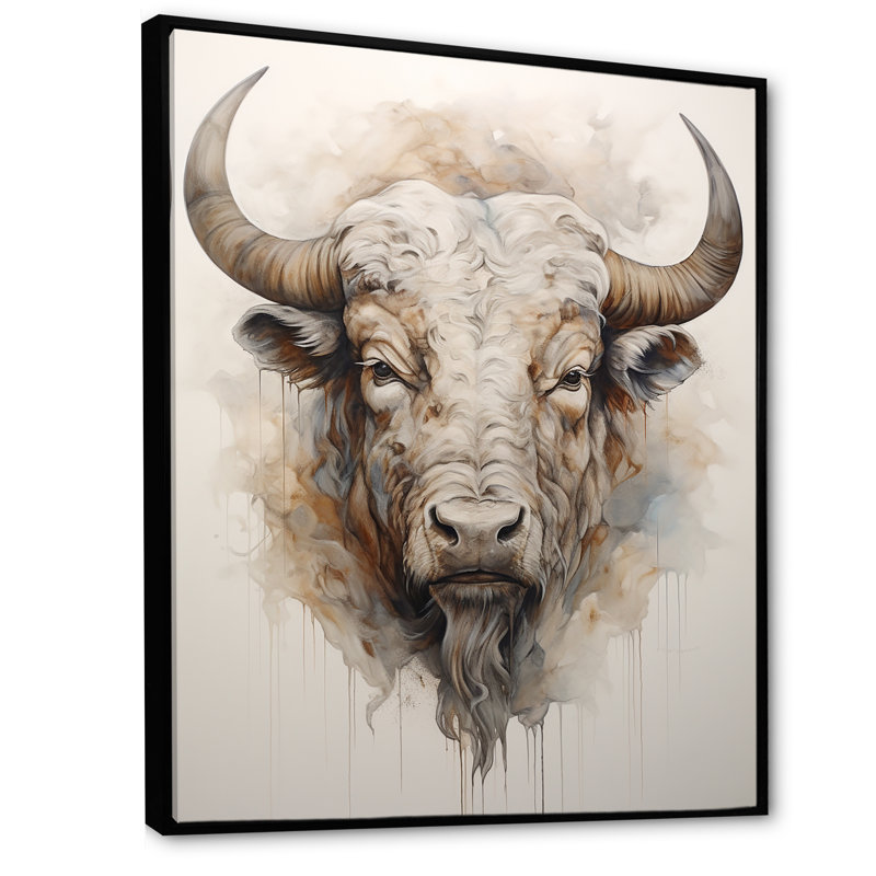 Tête de bison Buffalo III sur toile, H 32 po x l 16 po x P 1 po, Cadre flottant noir