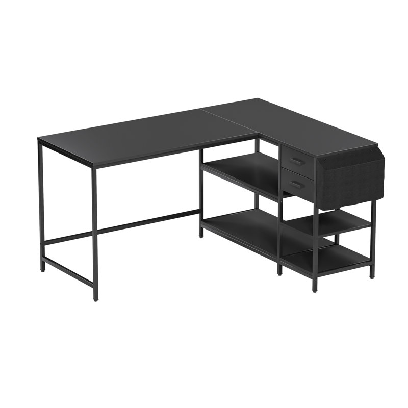 Modern L-Shaped Desk with Storage. Corner Computer Desk with Shelves, Drawers & Fabric Organizer for Home or Office, Black