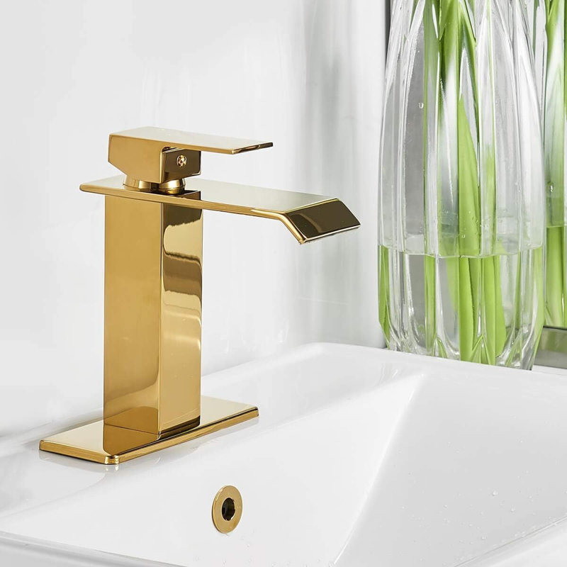 Brushed Gold Waterfall Bathroom Faucet – Single-Handle Vanity Faucet with Pop-Up Drain & 23.6-Inch Supply Hoses