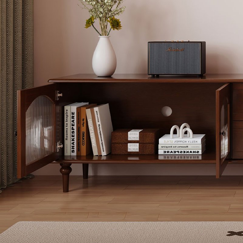 Rubberwood TV Stand with Cabinets & Drawers, 21.65”H x 94.48”L x 15.75”W