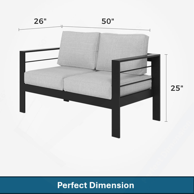 5-Piece Modern Aluminum Patio Conversation Set,  7-Seat Outdoor Sofa with  Thick light Gray Cushions & Black Frame and Coffee Table