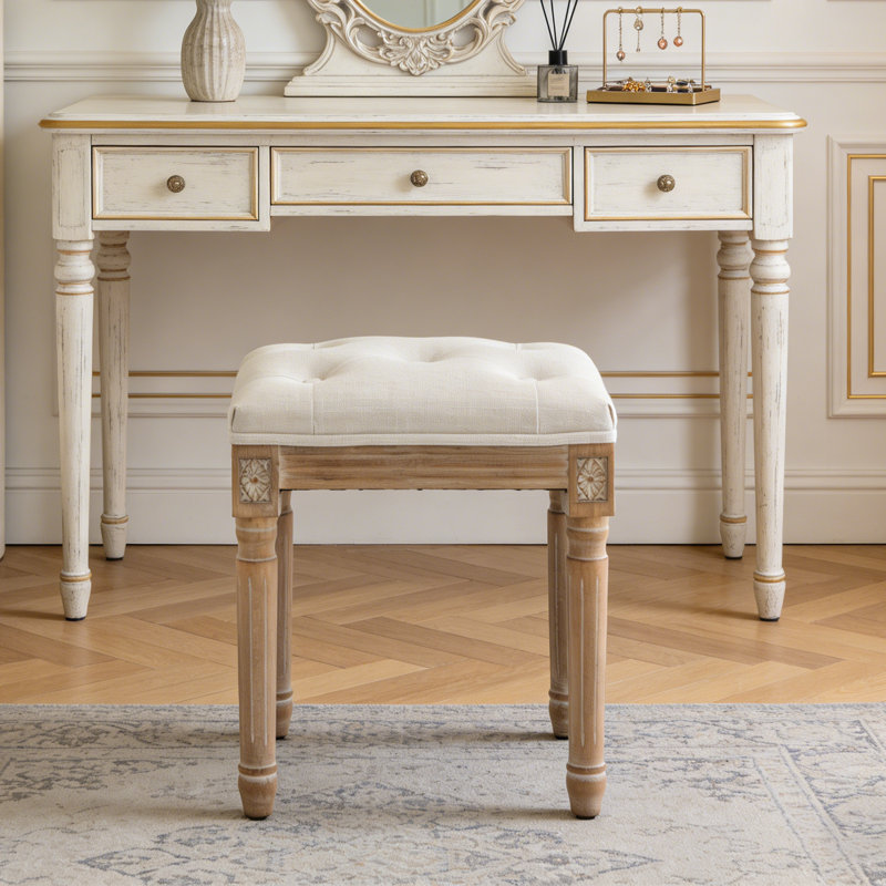 Solid Wood Accent Stool, Tufted Vanity Stool