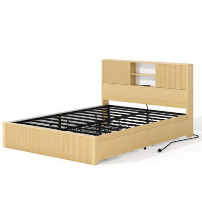 Grandes bases de lit avec 4 tiroirs de rangement, têtes de lit à 2 niveaux et ports USB intégrés et prises de courant, cadres de lit en métal, sommier tapissier requis, chêne