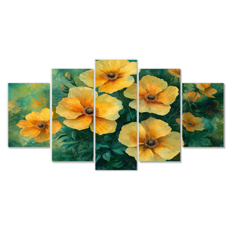Été fleurs sauvages dans les tons verts et jaunes III - Art mural fleurs sauvages - ensemble d'art mural traditionnel 5 pièces