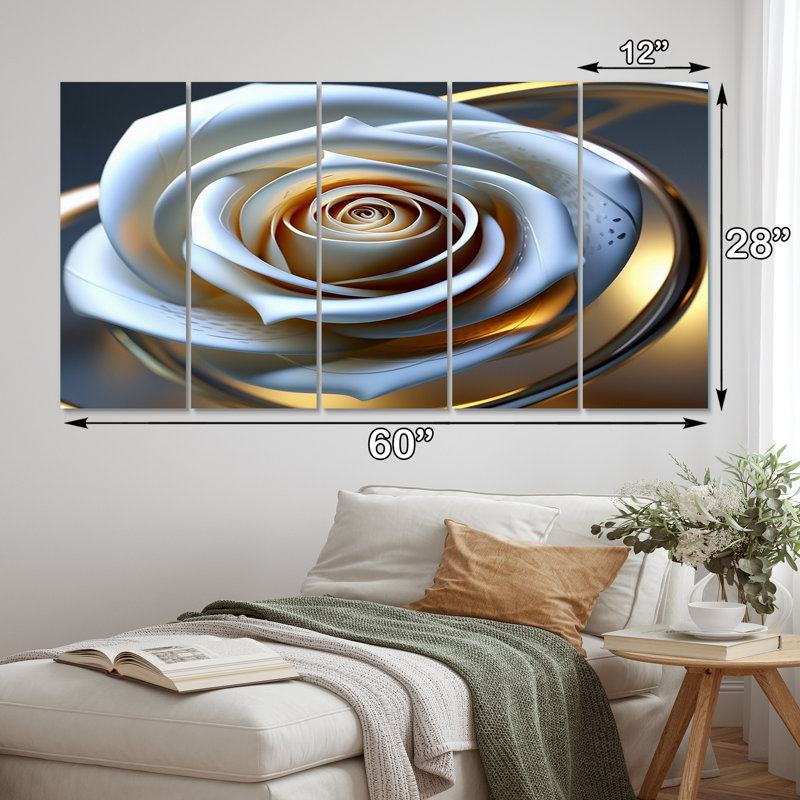 Exquiste rose avec pétales glamour dorés - reproduction d'art sur toile rose - 5 panneaux égaux