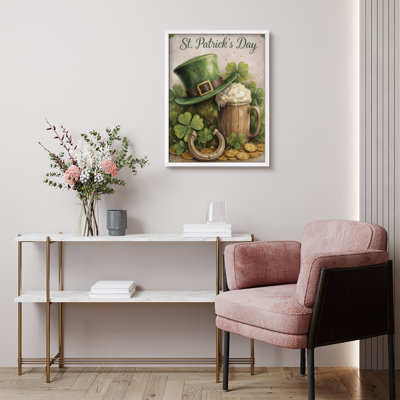St. Patrick’s Day Framed Wall Art Prints - Green hat and beer with clover, for living room