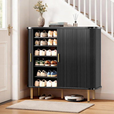 30 Pair Shoe Storage Cabinet, 47.24 Inch 6-Tier Shoe Cabinet with Adjustable Shelves & Sliding Doors, Mid-Century Modern Freestanding Shoe Storage Organizer for Entryway, Hallway, Living Room