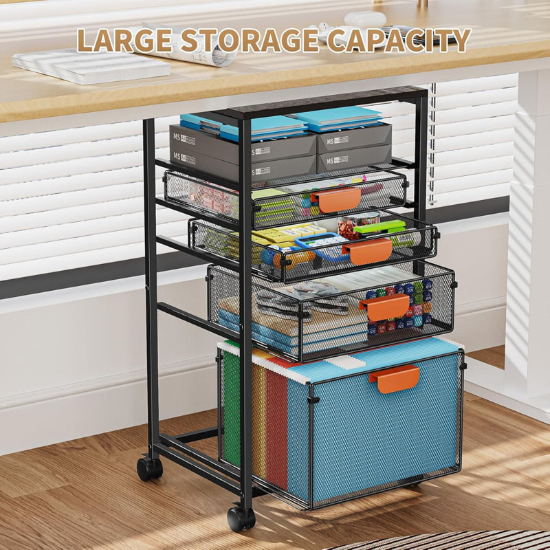 Rolling File Cart With 4 Storage Drawers - Mobile Lockable-Wheel File Cabinet (Hanging Filing Organizer, Under Desk Utility Cart For Home Office)