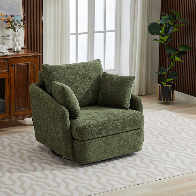 Upholstered Swivel Chair With 2 Side Pillows,  Green Chenille