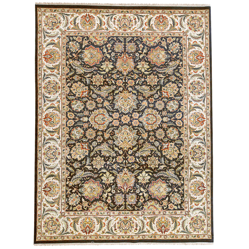 Hand Knotted Wool Area Rug in Black And Ivory