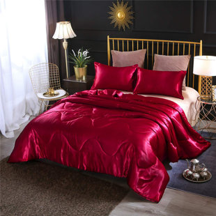 Silky Satin Comforter Set Queen, Luxury Soft Microfiber Bedding Lightweight Wave Quilted Blanket Set with 2 Pillow Covers for Summer Spring Autumn