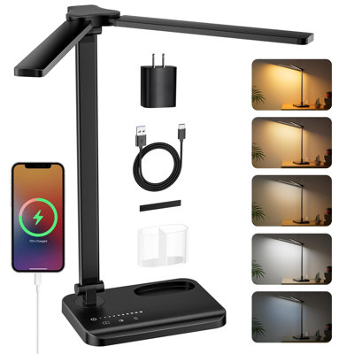 Desk Lamp With USB Charging Port & ?Adapter?, LED Desk Lamps For Home Office, 10W Double Head Desk Lamp With Pen Holder, Memory Function/10 Brightness/5 Colors/Reading Mode/Timer