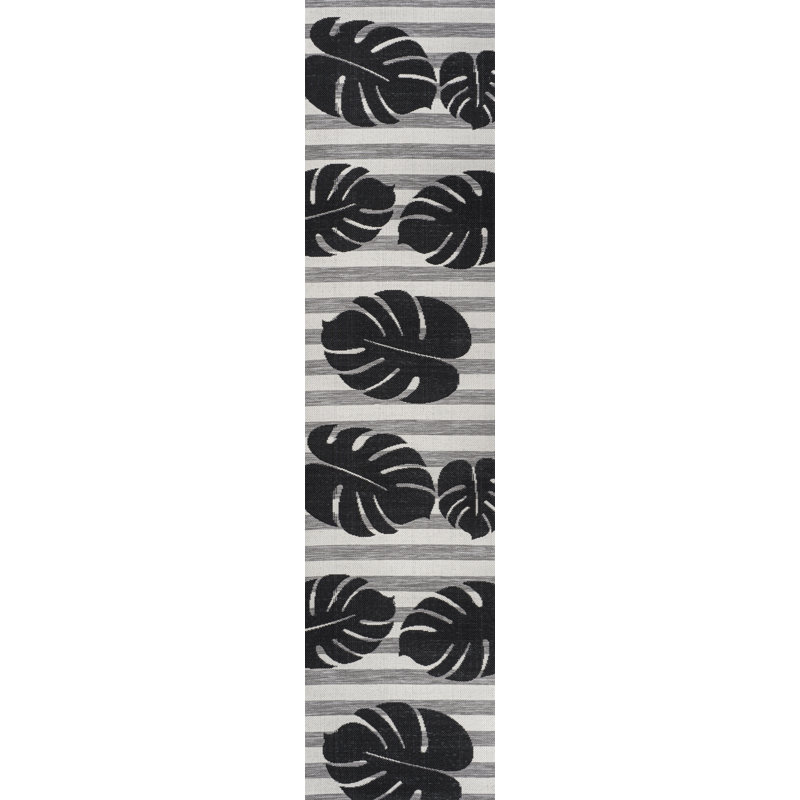 Tapis d'intérieur / extérieur noir / gris Colgin Classic Beach Stripe and Monstera Leaf, Tapis de couloir 2 pi x 7 pi 10 po