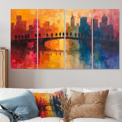 Red Blue City Connection Skyscrapers - Bridges Wall Art Set