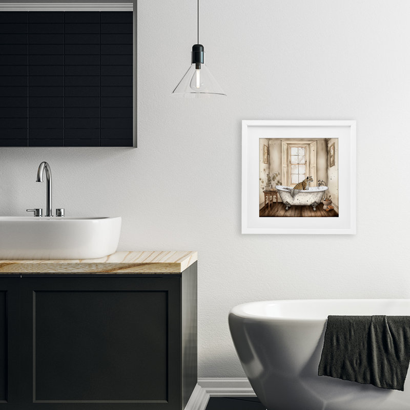 «Neutre Leopard Bathtime», reproduction encadrée sous verre, conception de Sasha, H 13 po x l 13 po, Blanc