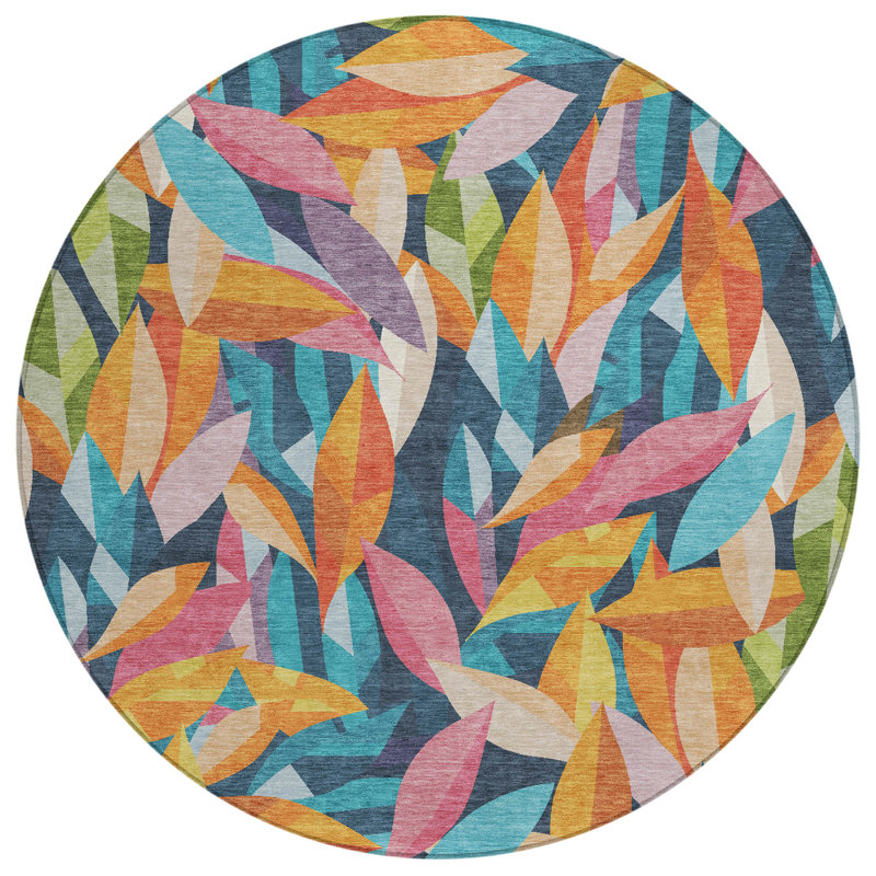 Machine Washable Indoor/Outdoor Jozwiak ACN2383 Floral Rug, Round 8'