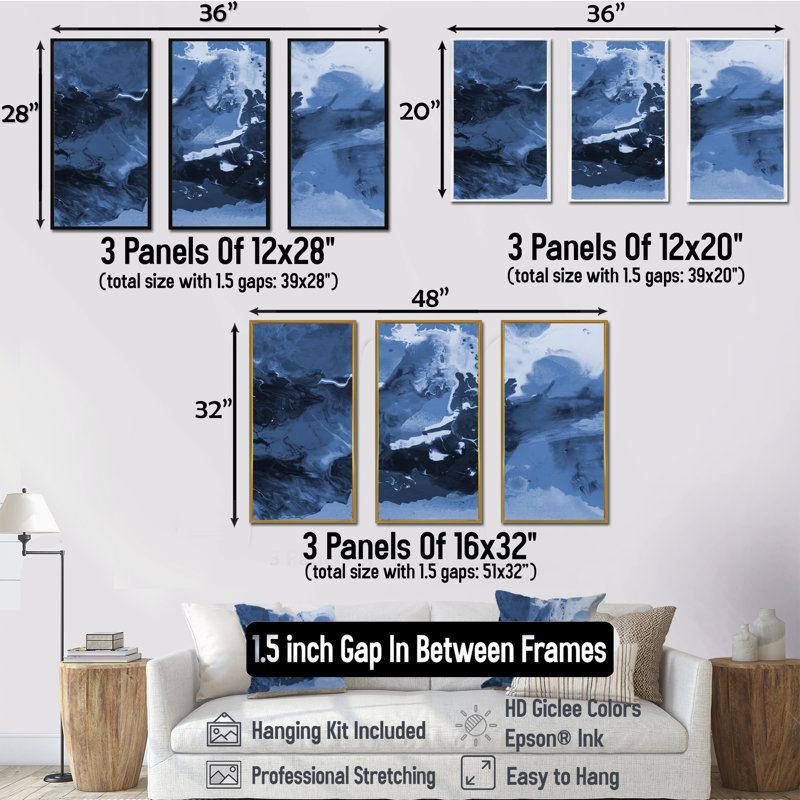 Art liquide dans les tons de bleu foncé I - ensemble d'art moderne sur toile encadrée moderne de 3, Noir