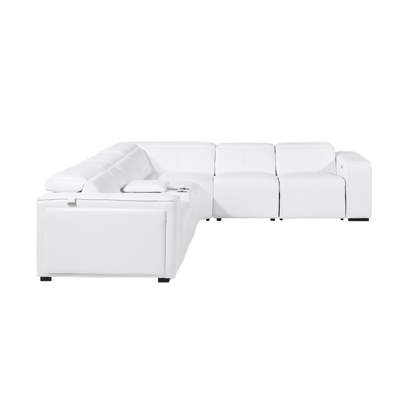 Top Grain Italian Leather 5-Piece L-Shaped Modular Power Reclining Sectional With Power Headrests, White Genuine Leather