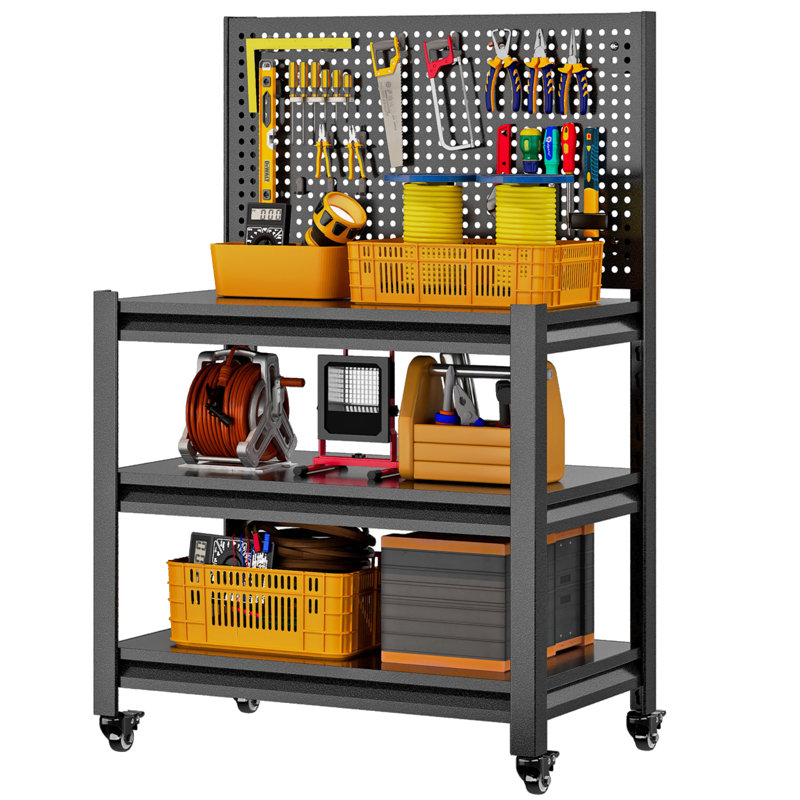 Établi avec panneau perforé, table de travail à tablettes réglables d'une capacité de 3000 lb, poste de travail mobile avec roues verrouillables pour garage, atelier, H 47,2 po x l 33,5 po x P 18 po, noir