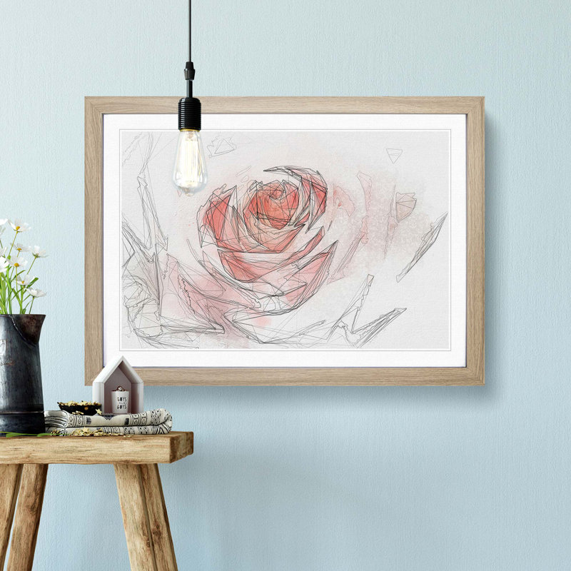 Pale Pink Rose in Abstract - Picture Frame Drawing Print, 27cm H x 36cm W x 2cm D, Oak Framed