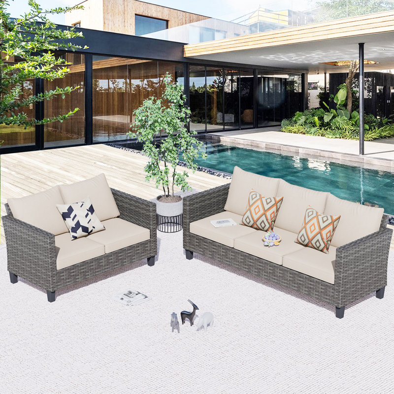 Premium All-Weather Wicker 5 - Person Patio Conversation Set with Cushions, Beige