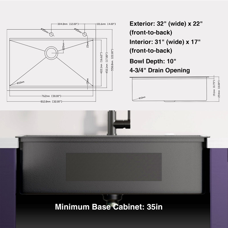 Évier de cuisine 32 po x 22 po à comptoir simple en acier inoxydable de calibre 18