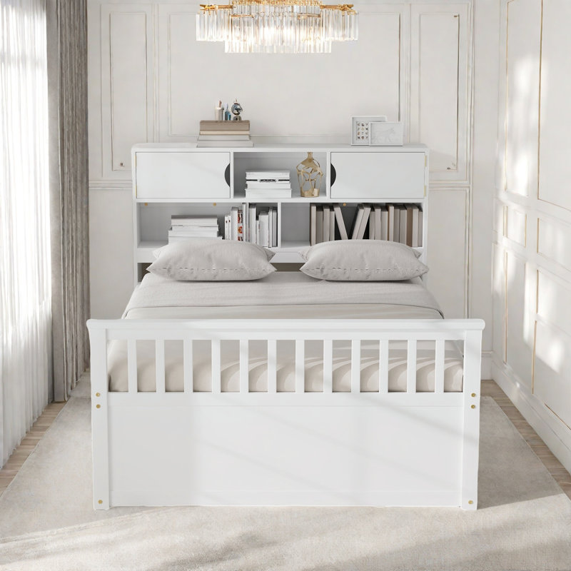 Lit plateforme double pleine grandeur avec bibliothèques de rangement et tablettes, quatre tiroirs, Blanc