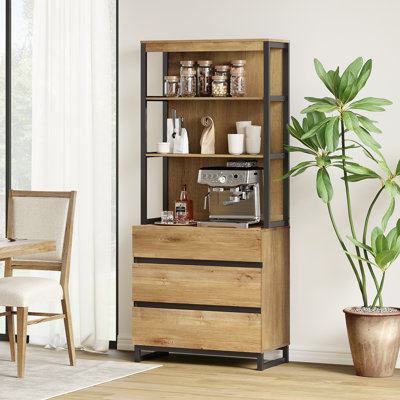 Armoire buffet moderne de 72 po de hauteur avec tiroirs et tablettes ouvertes, armoire de rangement et tablettes de présentation, buffet en bois pour la salle à manger ou la cuisine