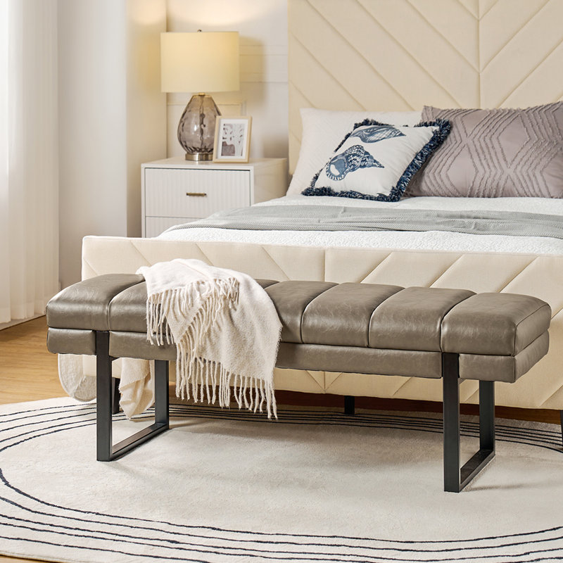 Anahli 52.5'' Wide Channel Tufted Design Vegan Leather Bench, Gray