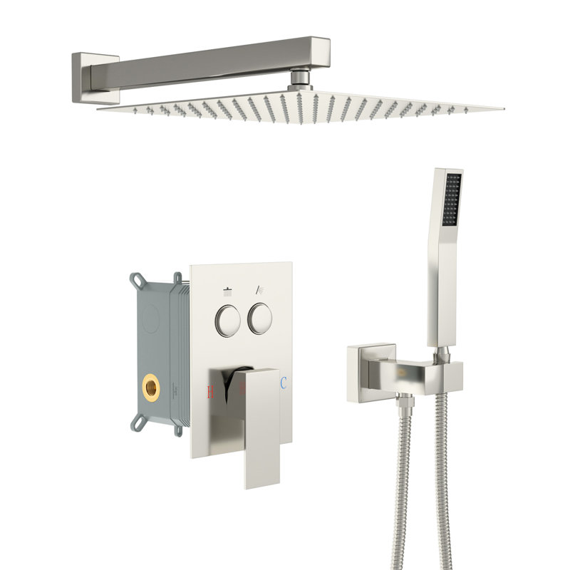 Pomme de douche double carrée - 10 po à fixation murale, nickel brossé, valve équilibrée, pluie et douchette 10 po et douche, installation facile