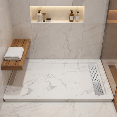Base de bac de douche rectangulaire l 60 po x P 32 po avec couvercle de drain en acier inoxydable, acrylique aspect marbre