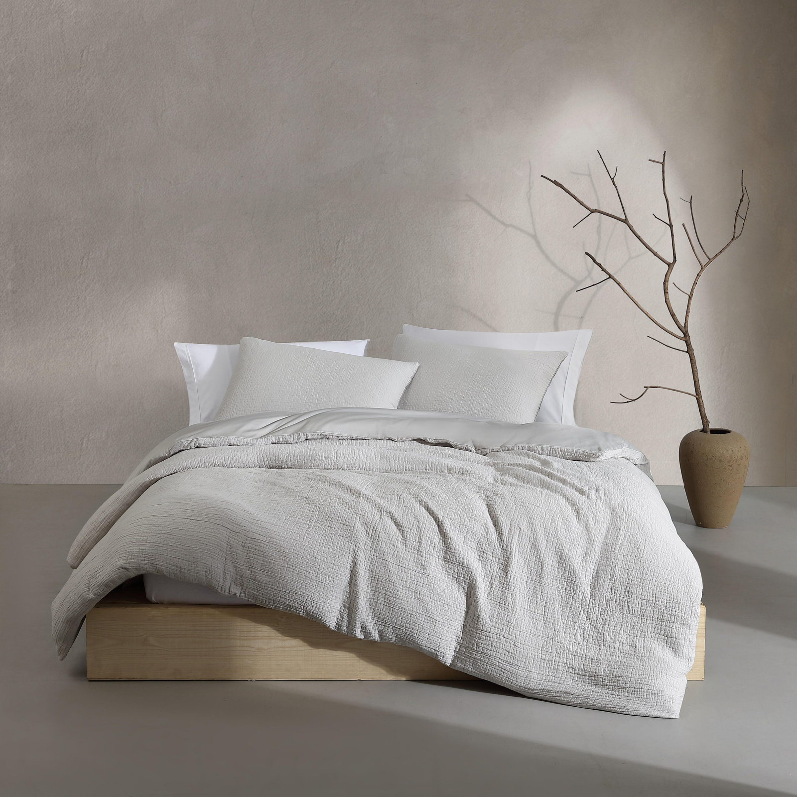 Washed Texture Cotton Duvet Cover Set, Queen Duvet Cover + 2 Standard Shams, Gray