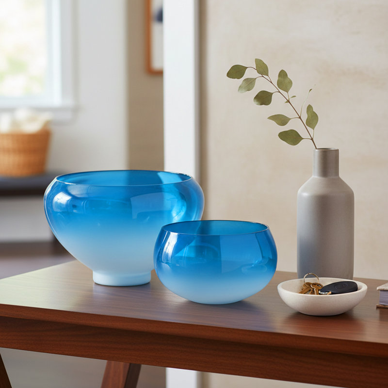 Bol décoratif décoratif en verre dégradé pour la maison - Bol décoratif moderne pour le salon, l'entrée ou la table basse - ensemble de 2, 14 po, 10 po, bleu