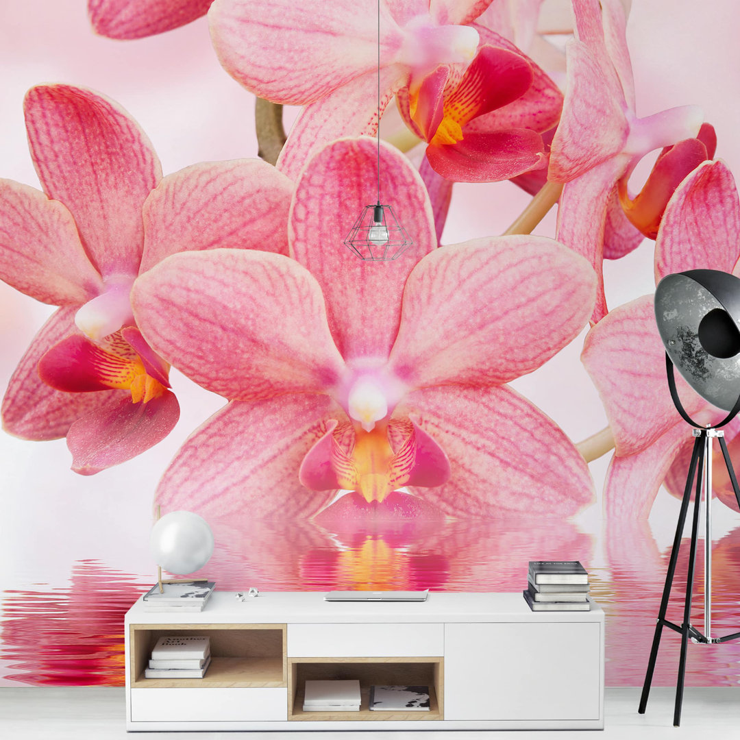 Pink Orchids on Water 2.4m x 2.4m Textured Matte Peel & Stick Wall Mural