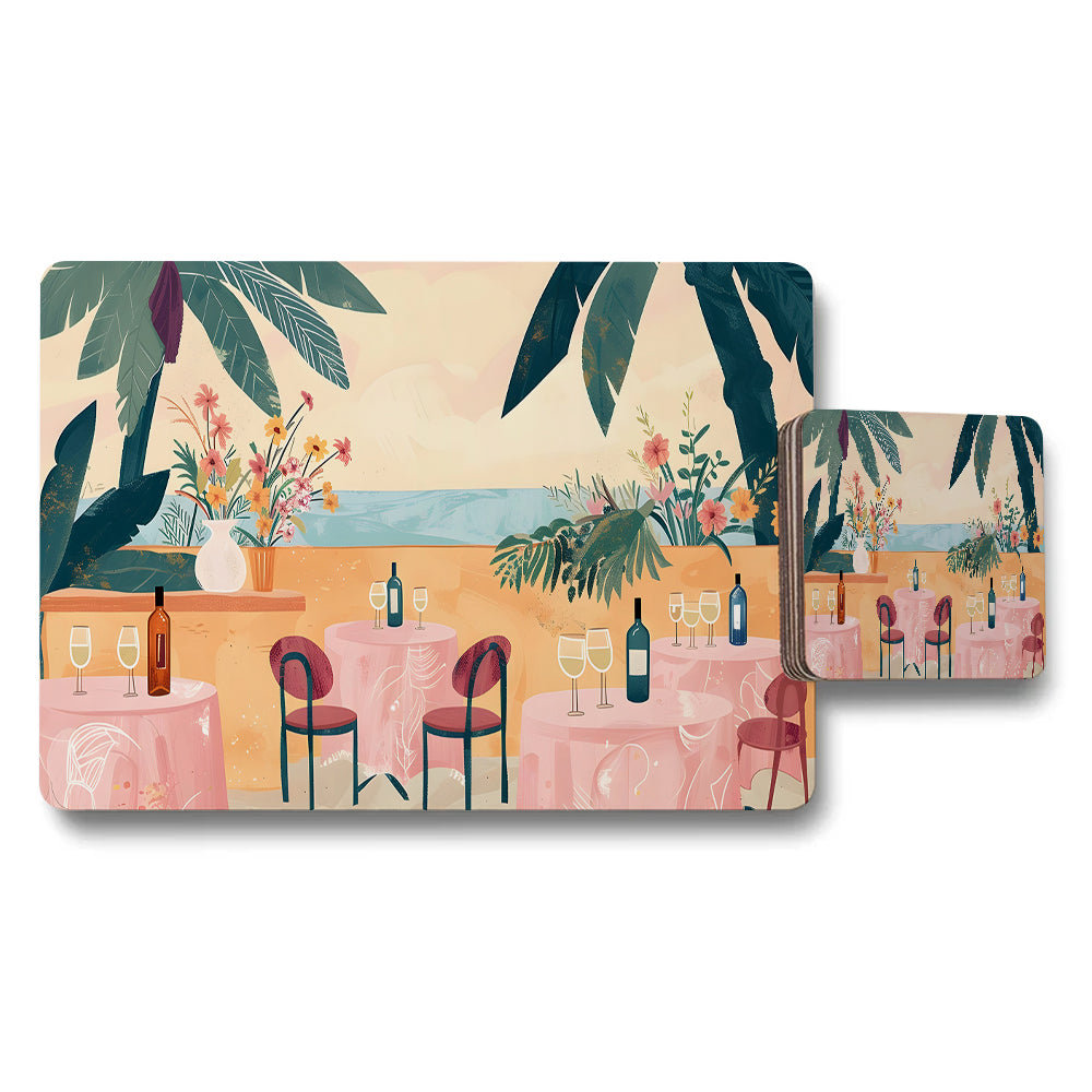 Seaside Cafe Floral Placemat And Coaster Set With Wine Bottles