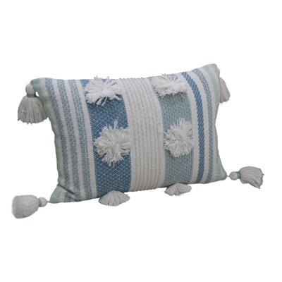 Coussin lombaire 14 po x 20 po à rayures crème en mélange de coton avec pompons et pompons