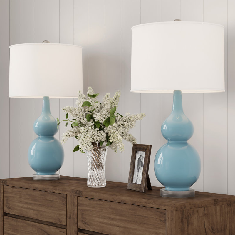 Andover Mills 14" Ceramic Bedside Table Lamps Set of 2 - Modern Ceramic Lamp with Double Gourd Vintage-Style Accent Lights for Bedroom, Living Room, or Office with LED Bulbs (Sky/White)